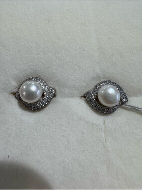 Olivers White Pearl and Silver CZ Halo Stud Earrings